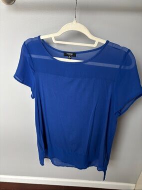 Premise Cobalt Blue Short Sleeve Sheer Yoke Blouse